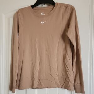 Nike Medium Tan Long Sleeve Crew Top with  Center Chest White Swoosh